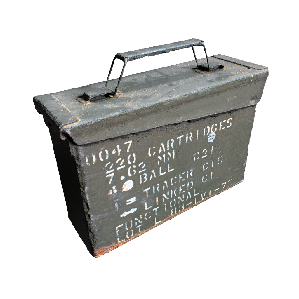 3 Quarter View of the asset. Weapon Ammo Box, green in colour, metal rectangle box with a thin metal handle. Army style font with white printing on the side of the box that describes the contents of the ammo box.